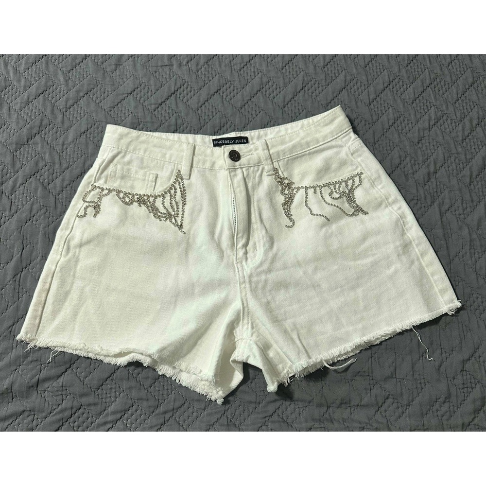 SINCERELY JULES Rhinestone Fringe 5-Pocket Denim Cut-off‎ Shorts Size 5/26 EUC